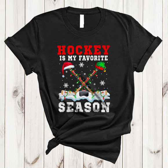 MacnyStore - Hockey Is My Favorite Season, Joyful Christmas Hockey Stick, Santa ELF X-mas Lights Sport Player T-Shirt