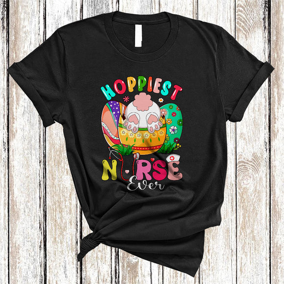 MacnyStore - Hoppiest Nurse Ever, Colorful Easter Eggs, Flowers Floral Bunny Nurse Group Nursing Lover T-Shirt