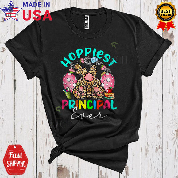 MacnyStore - Hoppiest Principal Ever Cute Cool Easter Day Egg Hunt Leopard Bunny From Back Principal Lover T-Shirt