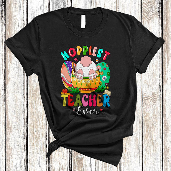MacnyStore - Hoppiest Teacher Ever, Colorful Easter Eggs, Flowers Floral Bunny Teacher Teaching Lover T-Shirt