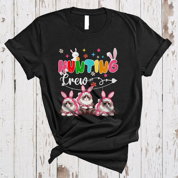 MacnyStore - Hunting Crew, Lovely Easter Day Three Bunny Ragdoll Cat With Easter Egg Basket, Egg Hunt Group T-Shirt