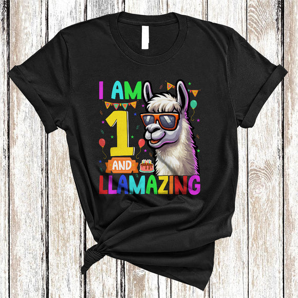 MacnyStore - I Am 1 And Llamazing, Lovely 1st Birthday Llama Sunglasses Lover, Matching Family Group T-Shirt