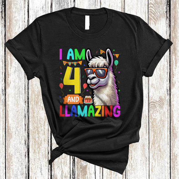MacnyStore - I Am 4 And Llamazing, Lovely 4th Birthday Llama Sunglasses Lover, Matching Family Group T-Shirt