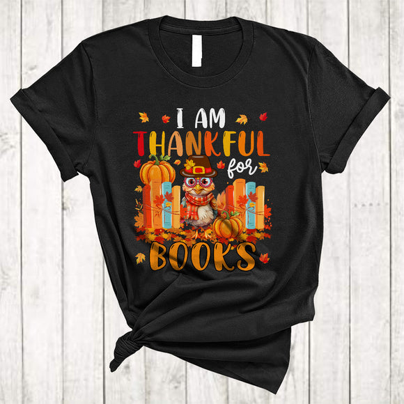 MacnyStore - I Am Thankful For Books, Cute Turkey With Librarian, Thanksgiving Fall Leaf Pumpkin T-Shirt