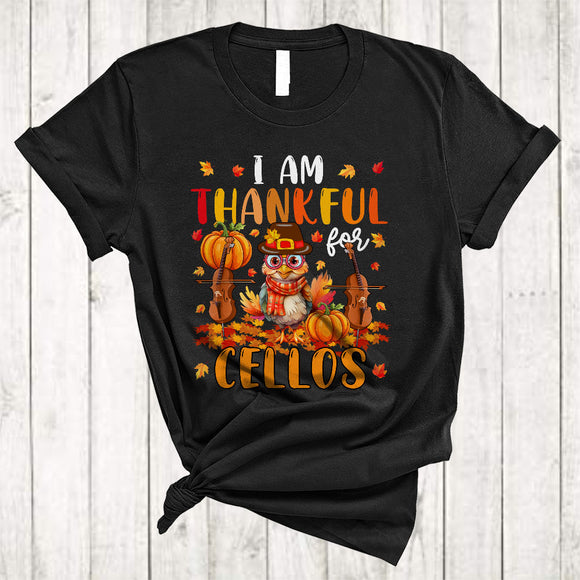 MacnyStore - I Am Thankful For Cellos, Cute Turkey With Cello Player, Thanksgiving Fall Leaf Pumpkin T-Shirt