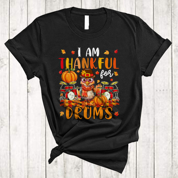 MacnyStore - I Am Thankful For Drums, Cute Turkey With Drum Player, Thanksgiving Fall Leaf Pumpkin T-Shirt