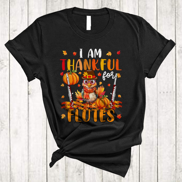 MacnyStore - I Am Thankful For Flutes, Cute Turkey With Flute Player, Thanksgiving Fall Leaf Pumpkin T-Shirt
