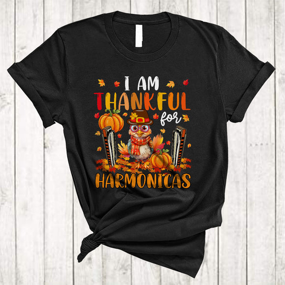 MacnyStore - I Am Thankful For Harmonicas, Cute Turkey With Harmonica Player, Thanksgiving Fall Leaf Pumpkin T-Shirt