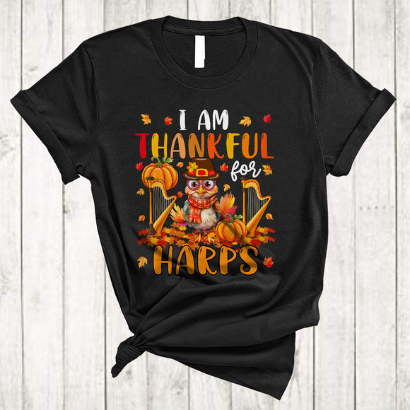 MacnyStore - I Am Thankful For Harps, Cute Turkey With Harp Player, Thanksgiving Fall Leaf Pumpkin T-Shirt