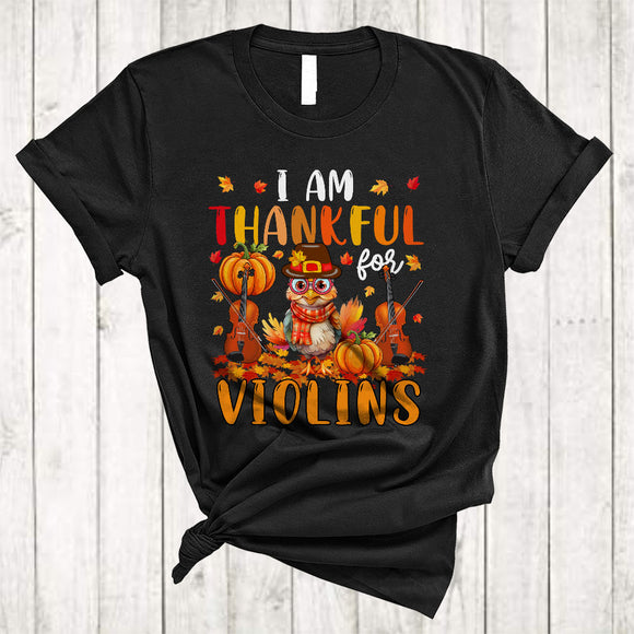 MacnyStore - I Am Thankful For Violins, Cute Turkey With Violin Player, Thanksgiving Fall Leaf Pumpkin T-Shirt