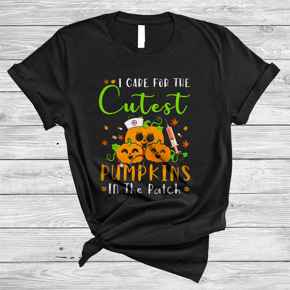 MacnyStore - I Care For The Cutest Pumpkins In The Patch Lovely Happy Thanksgiving Halloween Nurse T-Shirt