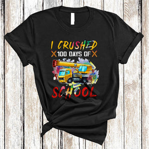 MacnyStore - I Crushed 100 Days Of School, Colorful 100th Day Of School Crane Truck Driver, Student Teacher T-Shirt