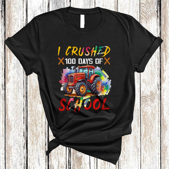 MacnyStore - I Crushed 100 Days Of School, Colorful 100th Day Of School Tractor Driver, Student Teacher T-Shirt