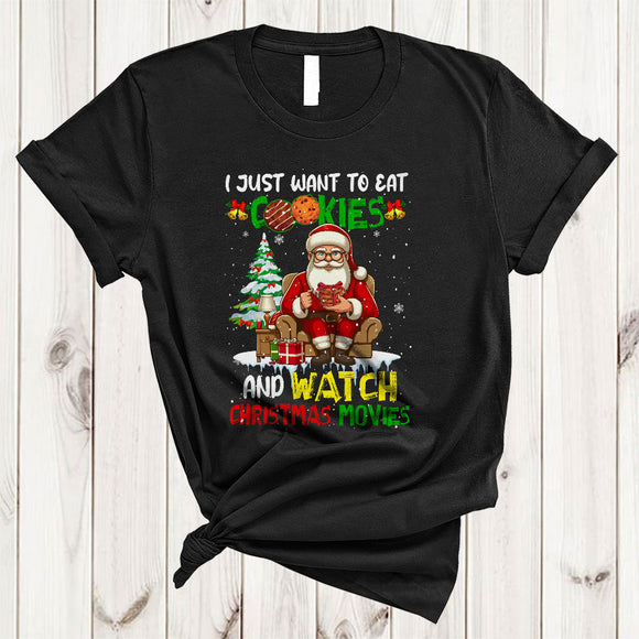 MacnyStore - I Just Want To Eat Cookies And Watch Christmas Movies, Humorous Santa Eating, X-mas Snow T-Shirt