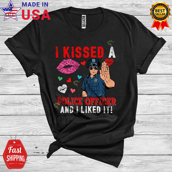 MacnyStore - I Kissed A Police Officer And I Liked It Funny Cool Valentine's Day Lips Hearts Lover Matching Couple T-Shirt