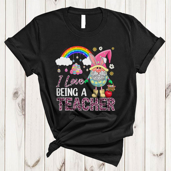 MacnyStore - I Love Being A Teacher, Adorable Easter Day Leopard Bunny Gnome, Rainbow Gnomies Group T-Shirt