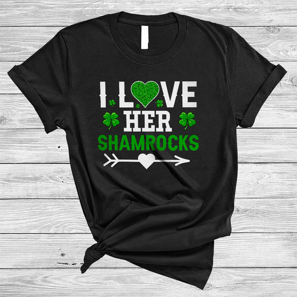 MacnyStore - I Love Her Shamrocks, Amazing St. Patrick's Day Lucky Shamrock Heart Shape, Matching Couple T-Shirt