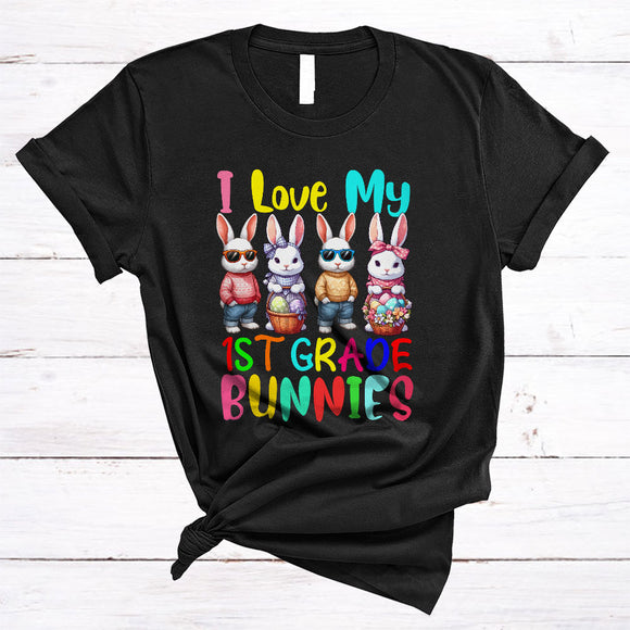 MacnyStore - I Love My 1st Grade Bunnies, Colorful Easter Day Three Bunnies Egg Hunting, Student Teacher Lover T-Shirt
