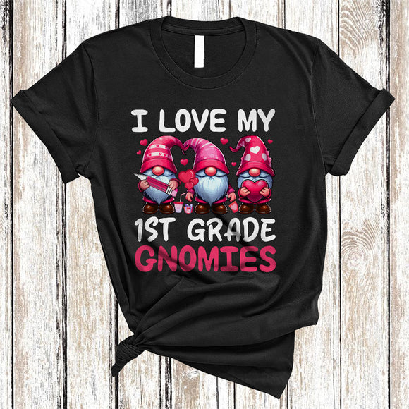 MacnyStore - I Love My 1st Grade Gnomies, Lovely Valentine's Day Three Gnomes Hearts, Gnomies Teacher Crew T-Shirt