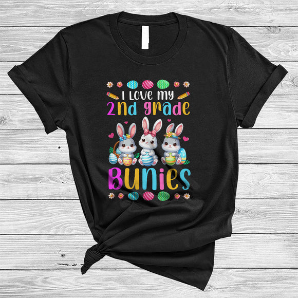 MacnyStore - I Love My 2nd Grade Bunnies, Colorful Easter Three Bunny With Eggs, Matching Teacher Group T-Shirt