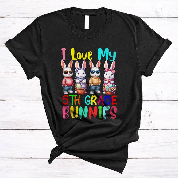 MacnyStore - I Love My 5th Grade Bunnies, Colorful Easter Day Three Bunnies Egg Hunting, Student Teacher Lover T-Shirt