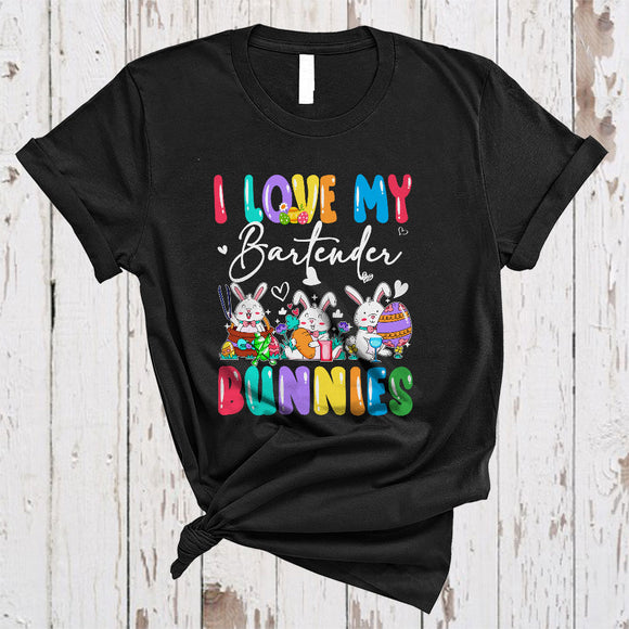 MacnyStore - I Love My Bartender Bunnies, Colorful Easter Squad Three Bunnies Lover, Family Group T-Shirt
