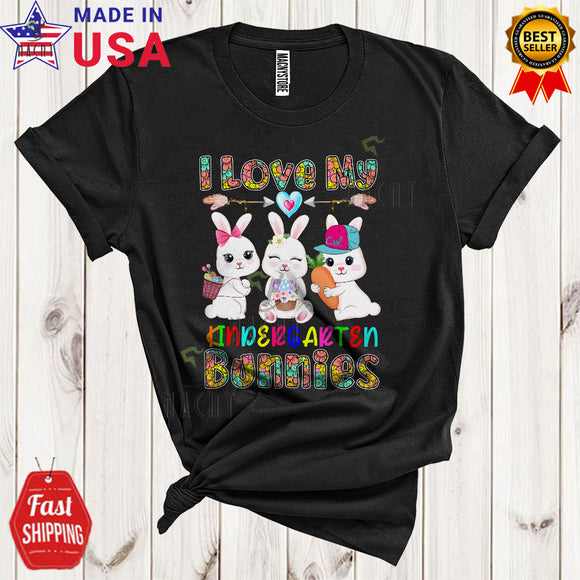 MacnyStore - I Love My Kindergarten Bunnies Cute Cool Easter Day Floral Flowers Three Bunnies Hunting Easter Egg T-Shirt