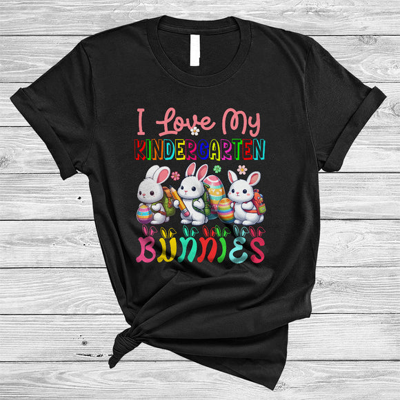 MacnyStore - I Love My Kindergarten Bunnies, Colorful Easter Day Three Bunnies Hunting Eggs, Teacher Group T-Shirt