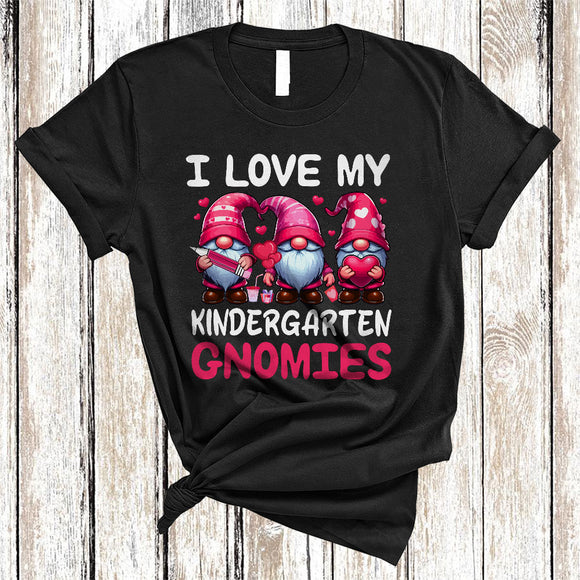 MacnyStore - I Love My Kindergarten Gnomies, Lovely Valentine's Day Three Gnomes Hearts, Gnomies Teacher Crew T-Shirt