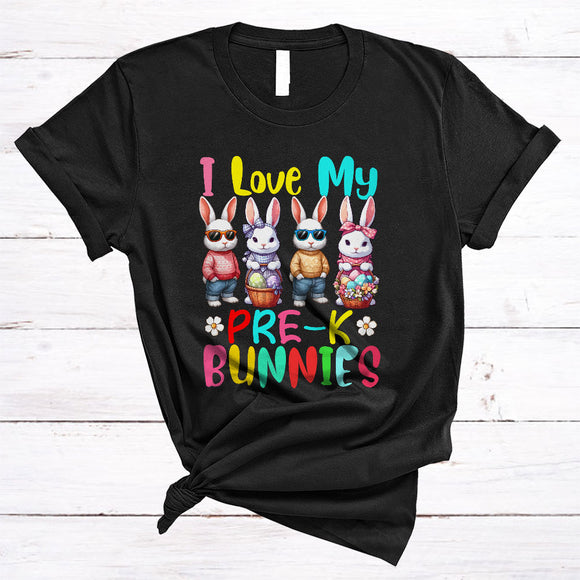 MacnyStore - I Love My Pre-K Bunnies, Colorful Easter Day Three Bunnies Egg Hunting, Student Teacher Lover T-Shirt