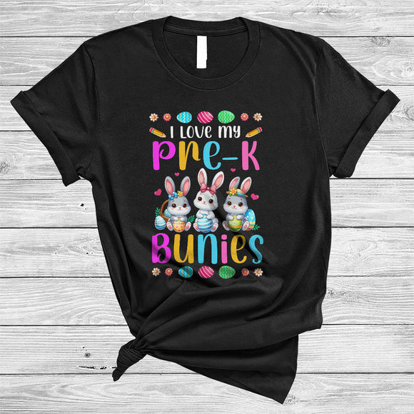 MacnyStore - I Love My Pre-K Bunnies, Colorful Easter Three Bunny With Eggs, Matching Teacher Group T-Shirt