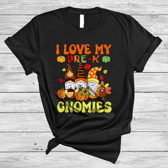 MacnyStore - I Love My Pre-K Gnomies, Cute Three Gnomes, Matching Thanksgiving Gnomies Fall Pumpkin T-Shirt