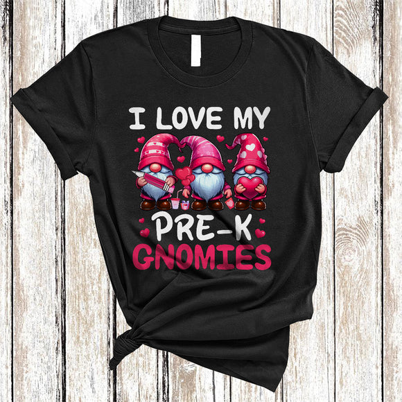 MacnyStore - I Love My Pre-K Gnomies, Lovely Valentine's Day Three Gnomes Hearts, Gnomies Teacher Crew T-Shirt