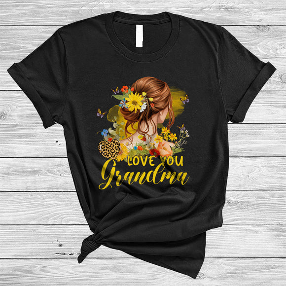 MacnyStore - I Love You Grandma, Lovely Mother's Day Messy Bun Hair Woman, Leopard Heart Sunflowers T-Shirt