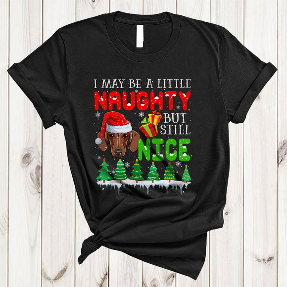 MacnyStore - I May Be A Little Naughty But Still Nice, Amazing Christmas Santa Dachshund Face, X-mas Group T-Shirt