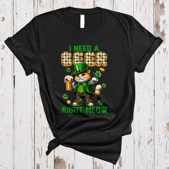 MacnyStore - I Need A Beer Right Meow, Adorable St. Patrick's Day Cat Drinking Beer, Drinking Lover Drunker T-Shirt
