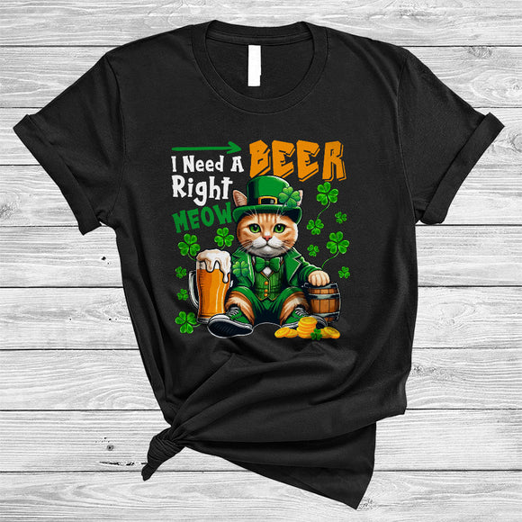 MacnyStore - I Need A Beer Right Meow, Adorable St. Patrick's Day Cat Drinking Beer, Shamrock Irish Drunk T-Shirt