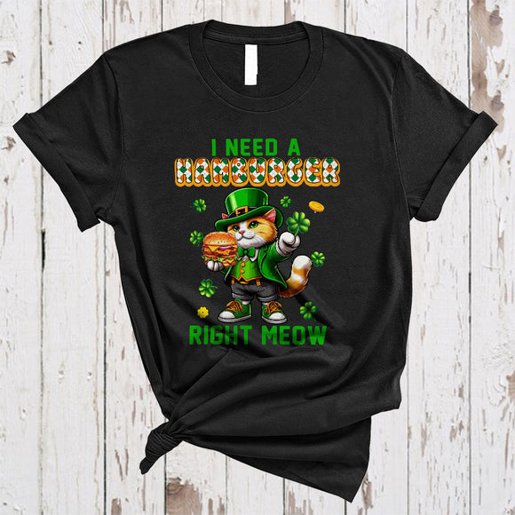MacnyStore - I Need A Hamburger Right Meow, Adorable St. Patrick's Day Cat Eating Hamburger, Food Lover Shamrock T-Shirt