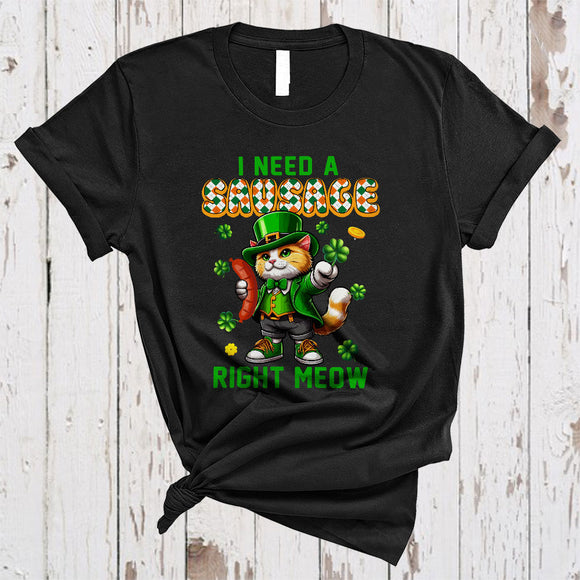 MacnyStore - I Need A Sausage Right Meow, Adorable St. Patrick's Day Cat Eating Sausage, Food Lover Shamrock T-Shirt