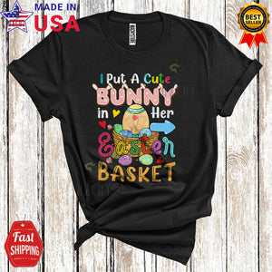 MacnyStore - I Put A Cute Bunny In Her Easter Basket Funny Cool Easter Egg Pregnancy Announcement Family Couple T-Shirt