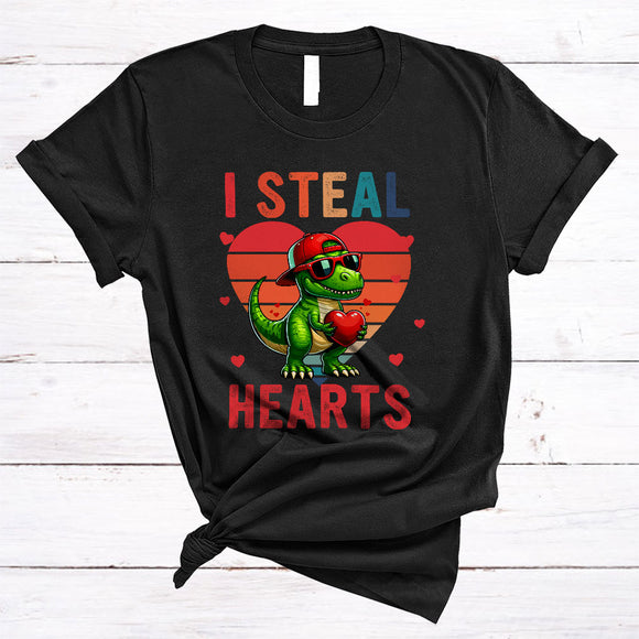 MacnyStore - I Steal Hearts, Lovely Valentine Vintage Retro Dinosaur T-Rex, Matching Boys Couple Family T-Shirt