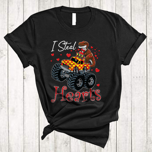 MacnyStore - I Steal Hearts, Wonderful Cool Valentine T-Rex Dinosaur On Monster Truck, Boys Couple Family T-Shirt