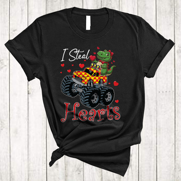 MacnyStore - I Steal Hearts, Wonderful Cool Valentine T-Rex Dinosaur On Monster Truck, Girls Couple Family T-Shirt