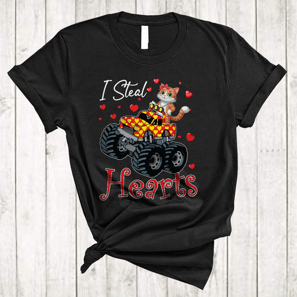 MacnyStore - I Steal Hearts, Wonderful Cute Valentine's Day Cat On Monster Truck, Hearts Couple Family T-Shirt