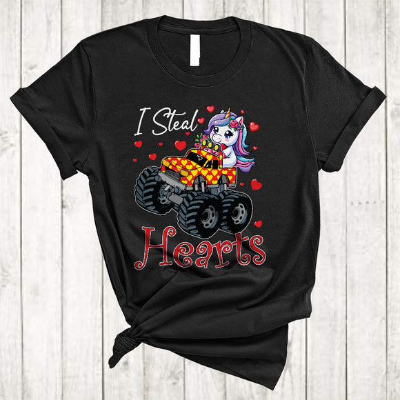 MacnyStore - I Steal Hearts, Wonderful Cute Valentine's Day Unicorn On Monster Truck, Hearts Couple Family T-Shirt