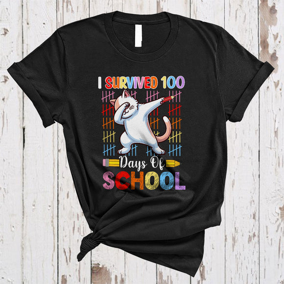 MacnyStore - I Survived 100 Days Of School, Joyful Dabbing Cat Lover, Matching Teacher Students Group T-Shirt