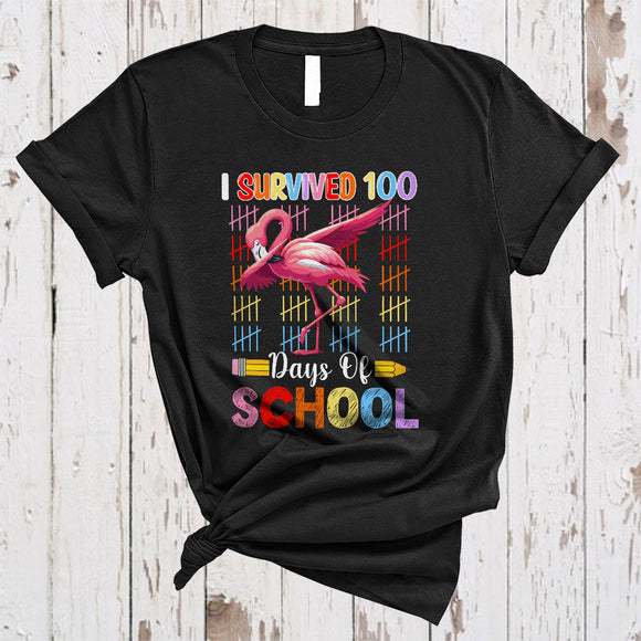 MacnyStore - I Survived 100 Days Of School, Joyful Dabbing Flamingo Lover, Matching Teacher Students Group T-Shirt