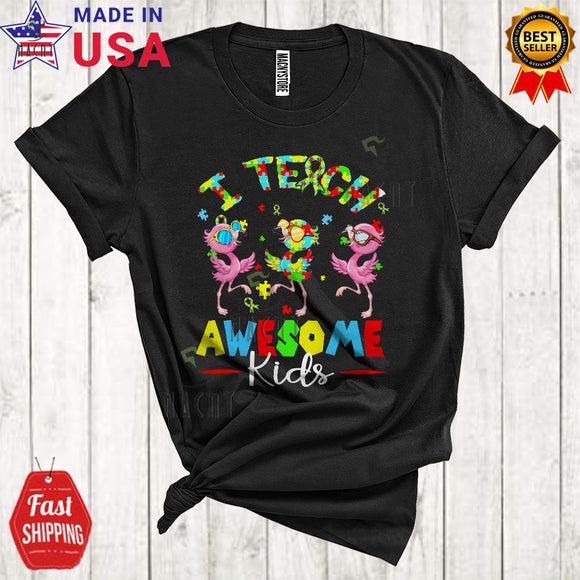 MacnyStore - I Teach Awesome Kids Cute Cool Autism Awareness Puzzle Ribbon Flamingos Teacher Lover T-Shirt