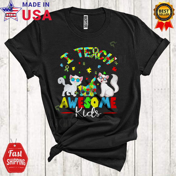 MacnyStore - I Teach Awesome Kids Cute Cool Autism Awareness Puzzle Ribbon Three Cats Teacher Lover T-Shirt