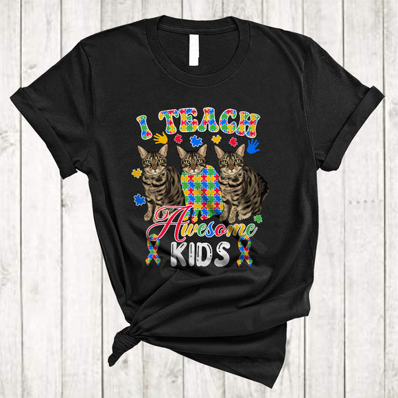 MacnyStore - I Teach Awesome Kids, Cute Autism Awareness Three Puzzle Ribbon Cats, Teacher Lover T-Shirt